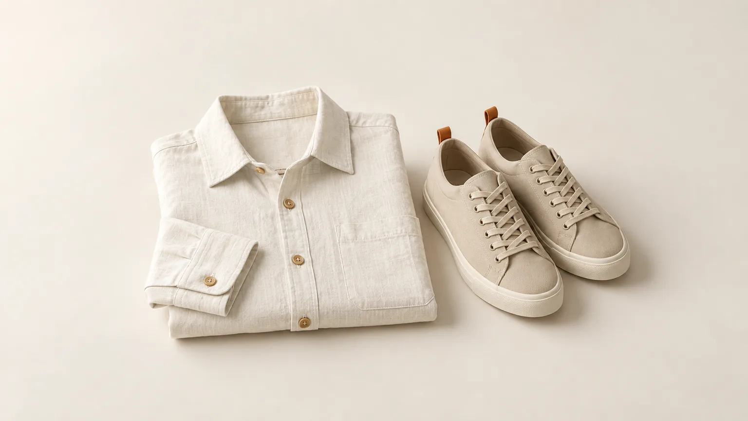 Ivory linen shirt and sand canvas sneakers — discover clothing at ProSell