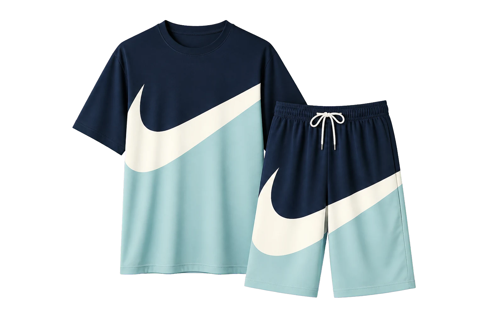A navy, ivory and aqua sports shirt with matching shorts