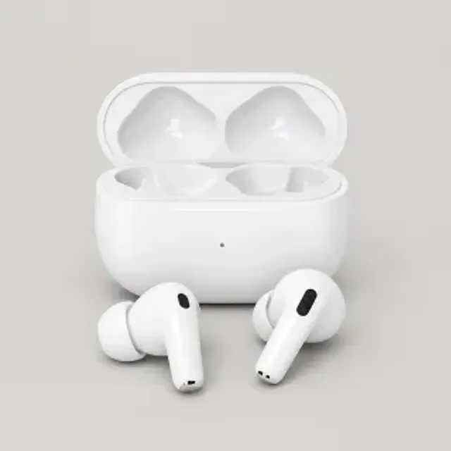 White wireless earbuds with charging case